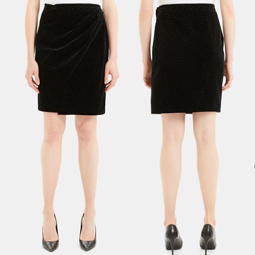 NWT Theory Pleat Wrap Skirt Black/White Dot Velvet Size 6